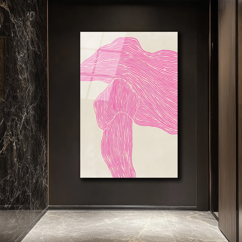 Pembe Çizgisel Soyut Sanat Cam Tablo - Modern Duvar Dekoru