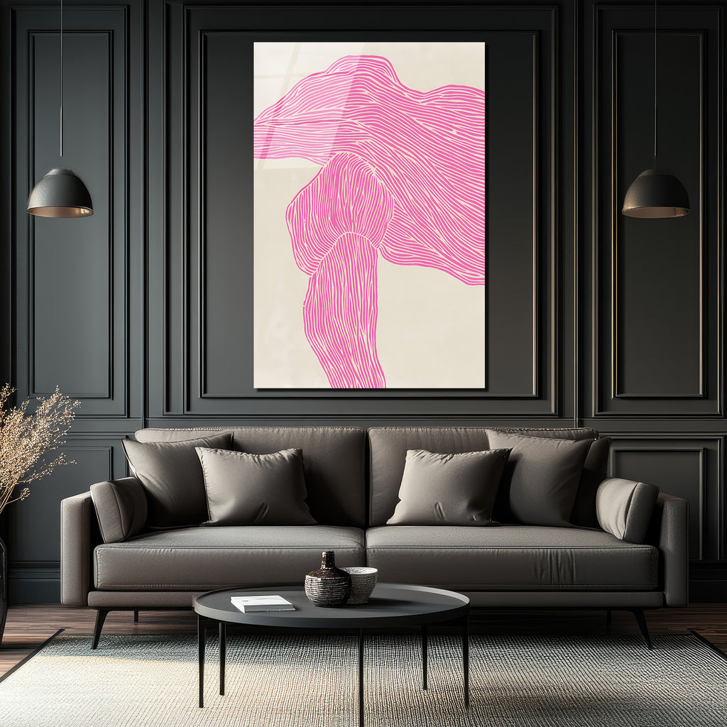 Pembe Çizgisel Soyut Sanat Cam Tablo - Modern Duvar Dekoru