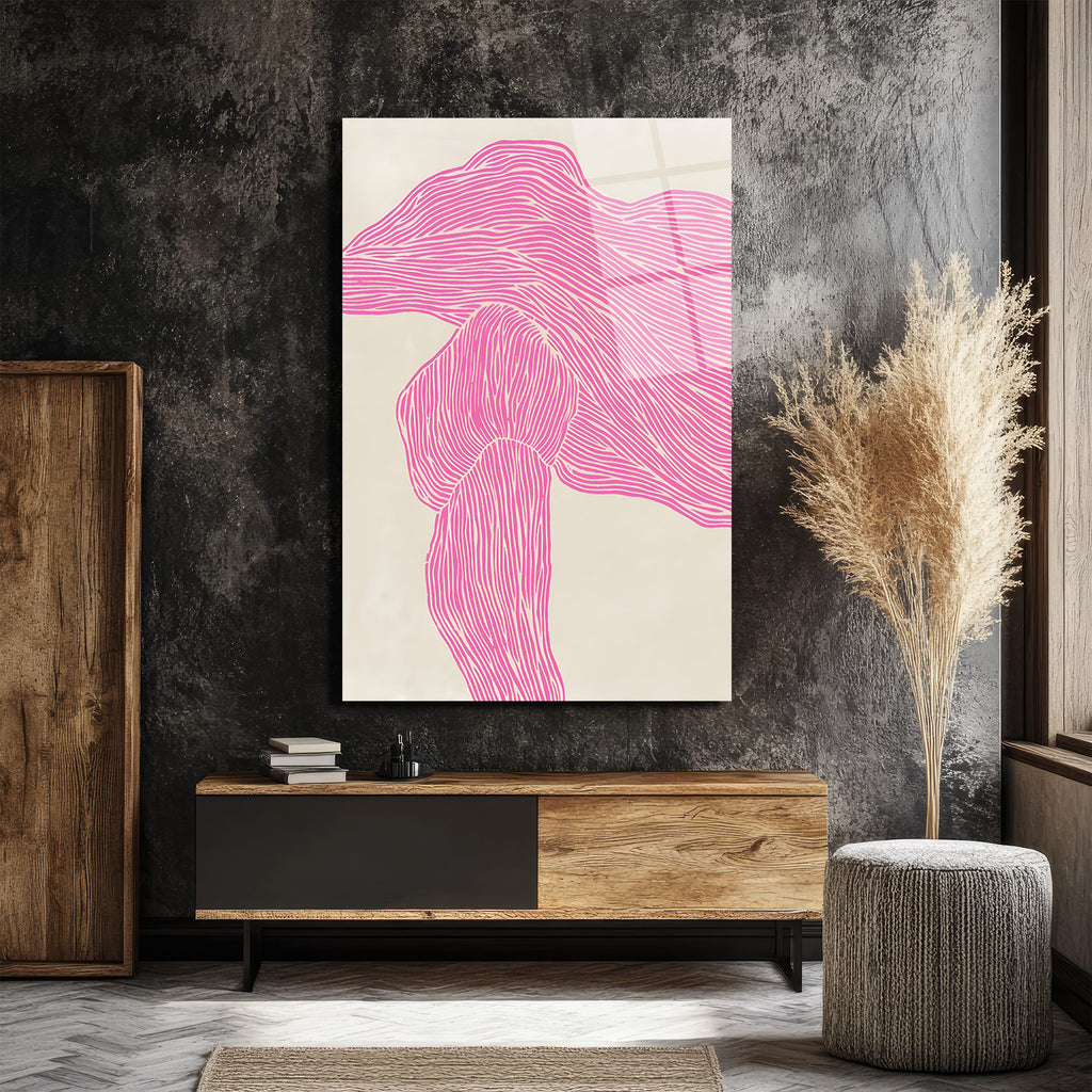 Pembe Çizgisel Soyut Sanat Cam Tablo - Modern Duvar Dekoru
