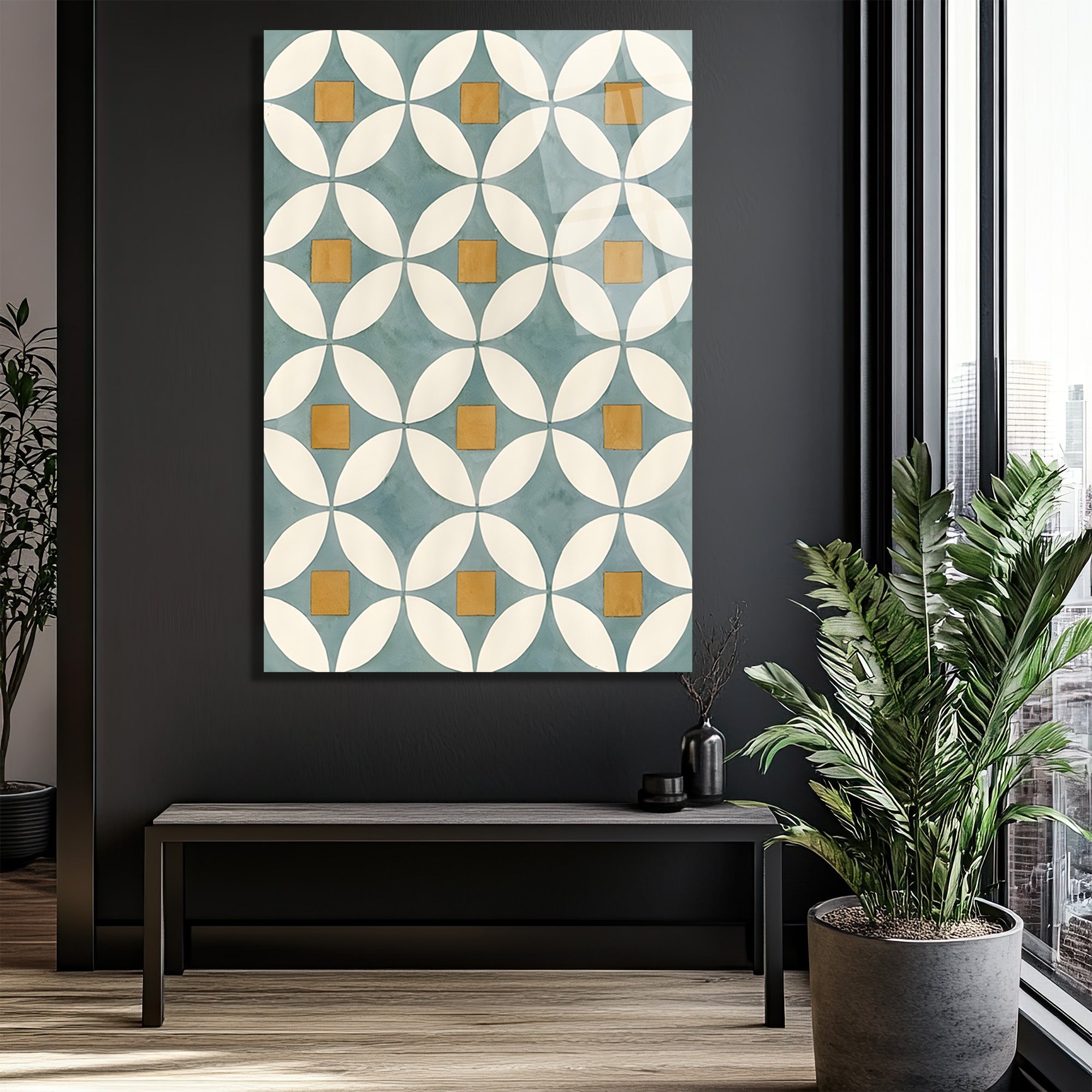 Akdeniz Esintili Geometrik Çiçek Desenli Cam Tablo