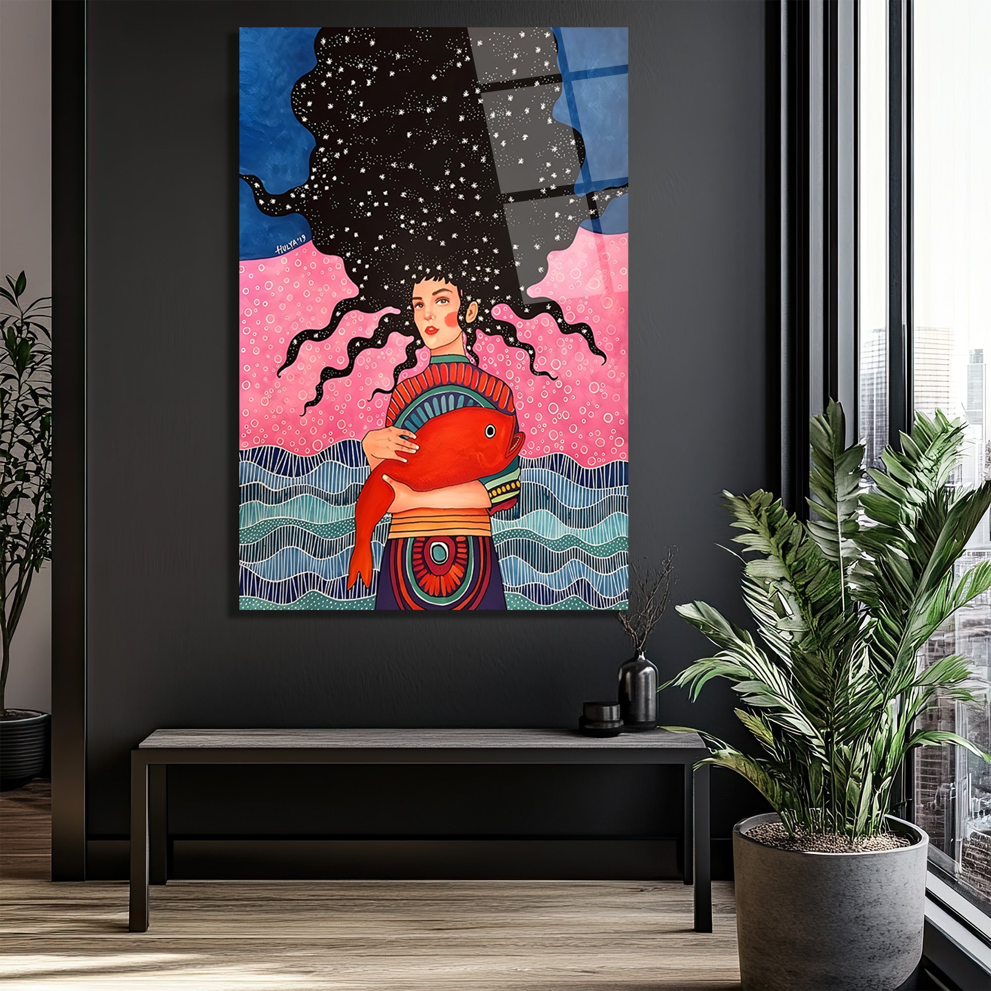 Yıldız Saçlı Kadın ve Kırmızı Balık Cam Tablo