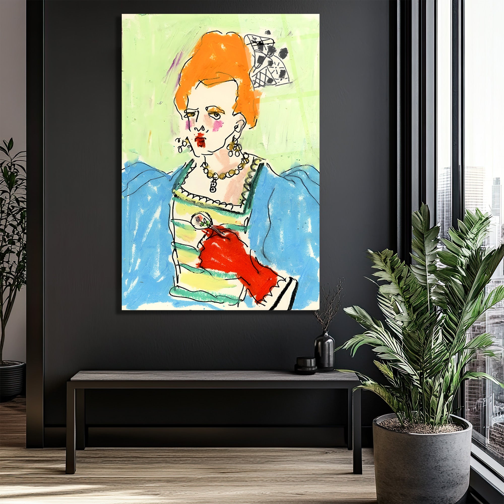 Kırmızı Eldivenli Barok Kraliçe Portresi Modern Sanat Cam Tablo