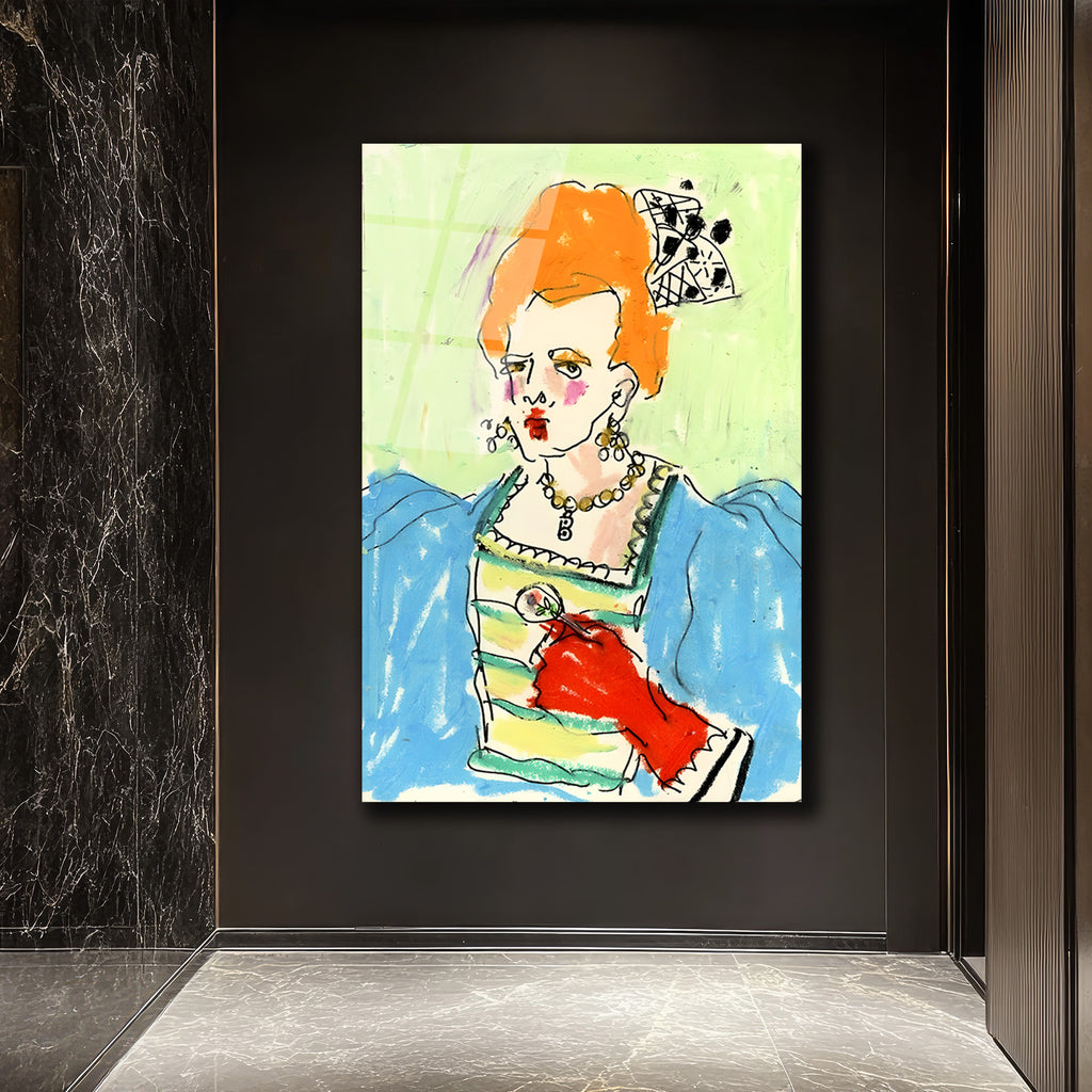 Kırmızı Eldivenli Barok Kraliçe Portresi Modern Sanat Cam Tablo