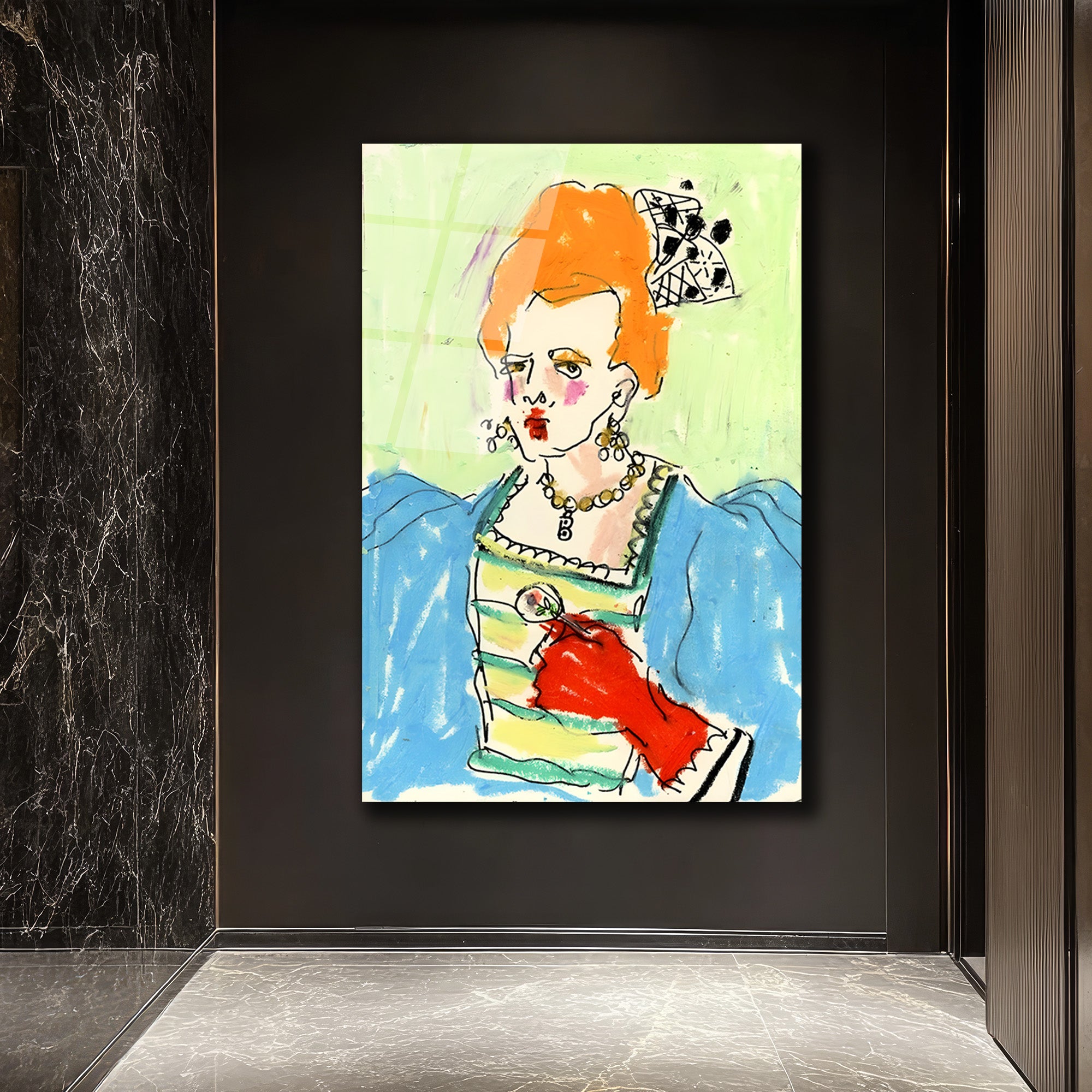 Kırmızı Eldivenli Barok Kraliçe Portresi Modern Sanat Cam Tablo