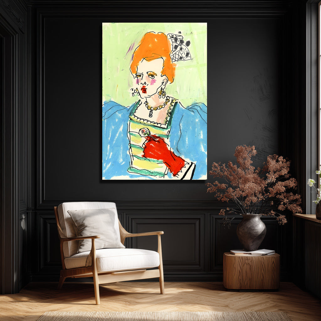 Kırmızı Eldivenli Barok Kraliçe Portresi Modern Sanat Cam Tablo