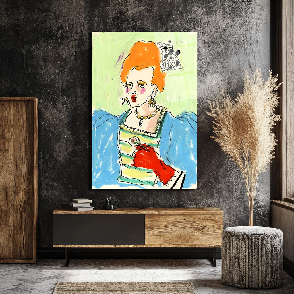 Kırmızı Eldivenli Barok Kraliçe Portresi Modern Sanat Cam Tablo