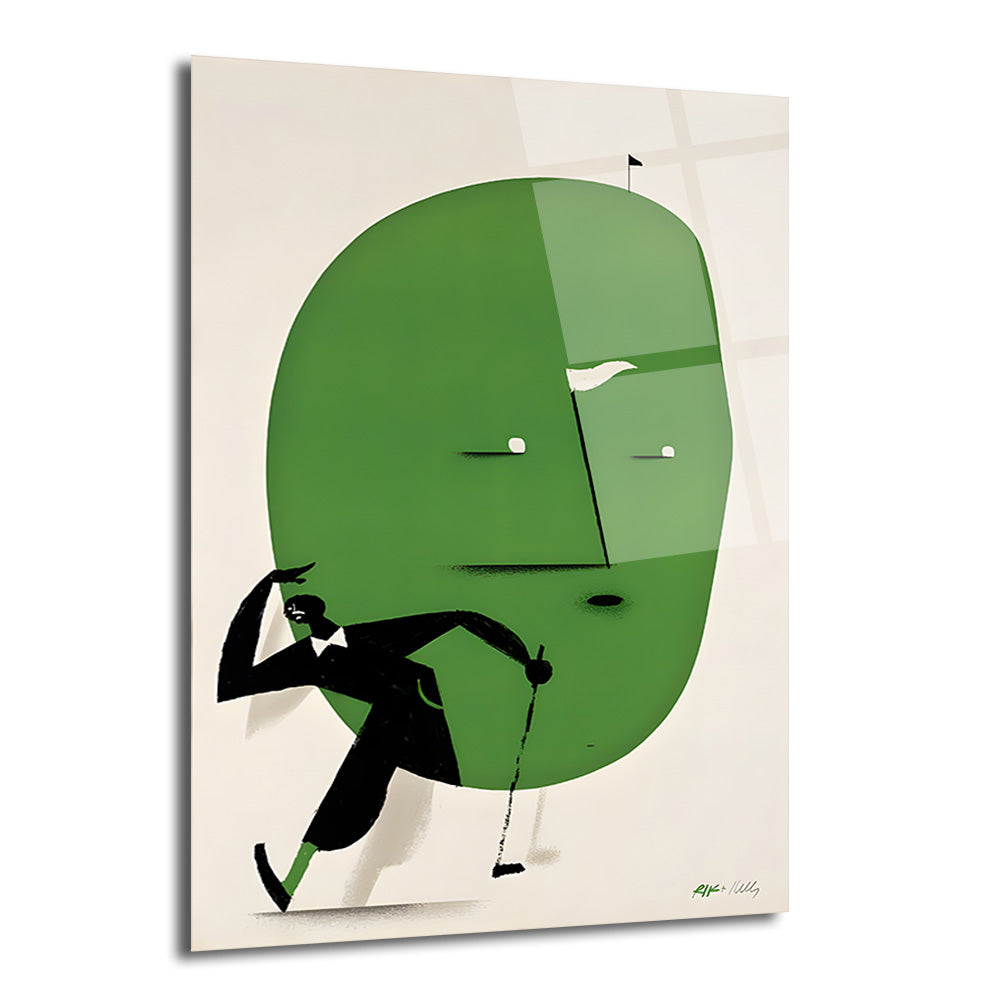 Modern minimalist tarzda, büyük yeşil bir golf sahasını veya topu temsil eden oval bir şeklin önünde, şık siyah takım elbiseli bir golfçünün sopasıyla durduğu, sade ve zarif cam tablo.