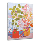 Canlı yeşil pilea bitkisi, pembe ve turuncu monstera yaprakları, kırmızı sulama kabı ve makasın yer aldığı modern sanatsal bitki illüstrasyonu.