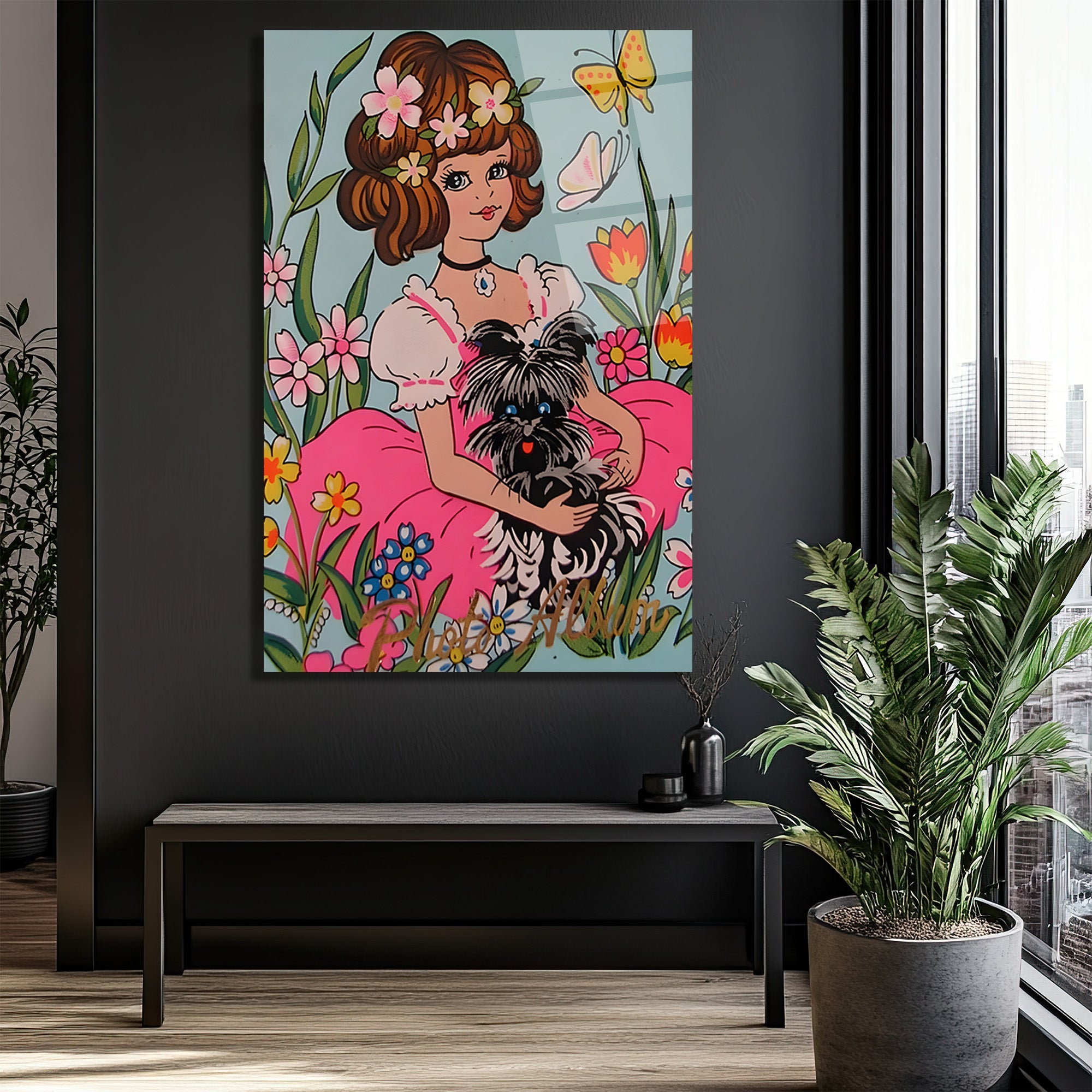 Çiçekler İçinde Sevimli Kız ve Köpeği Retro Temalı Cam Tablo