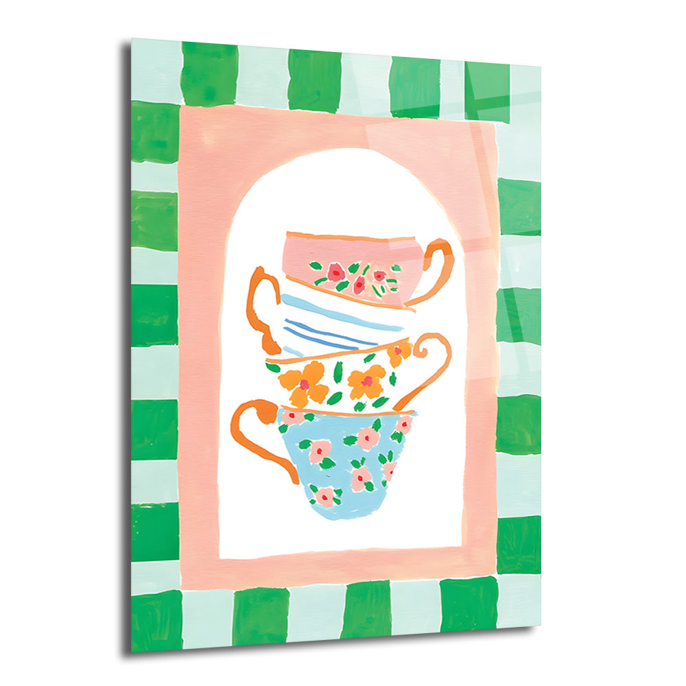 Yeşil ve pembe kareli çerçeveli, açık pembe kemerli bir fonda üst üste dizilmiş, çiçek ve çizgili desenlere sahip dört adet pastel renkli çay fincanı illüstrasyonu.