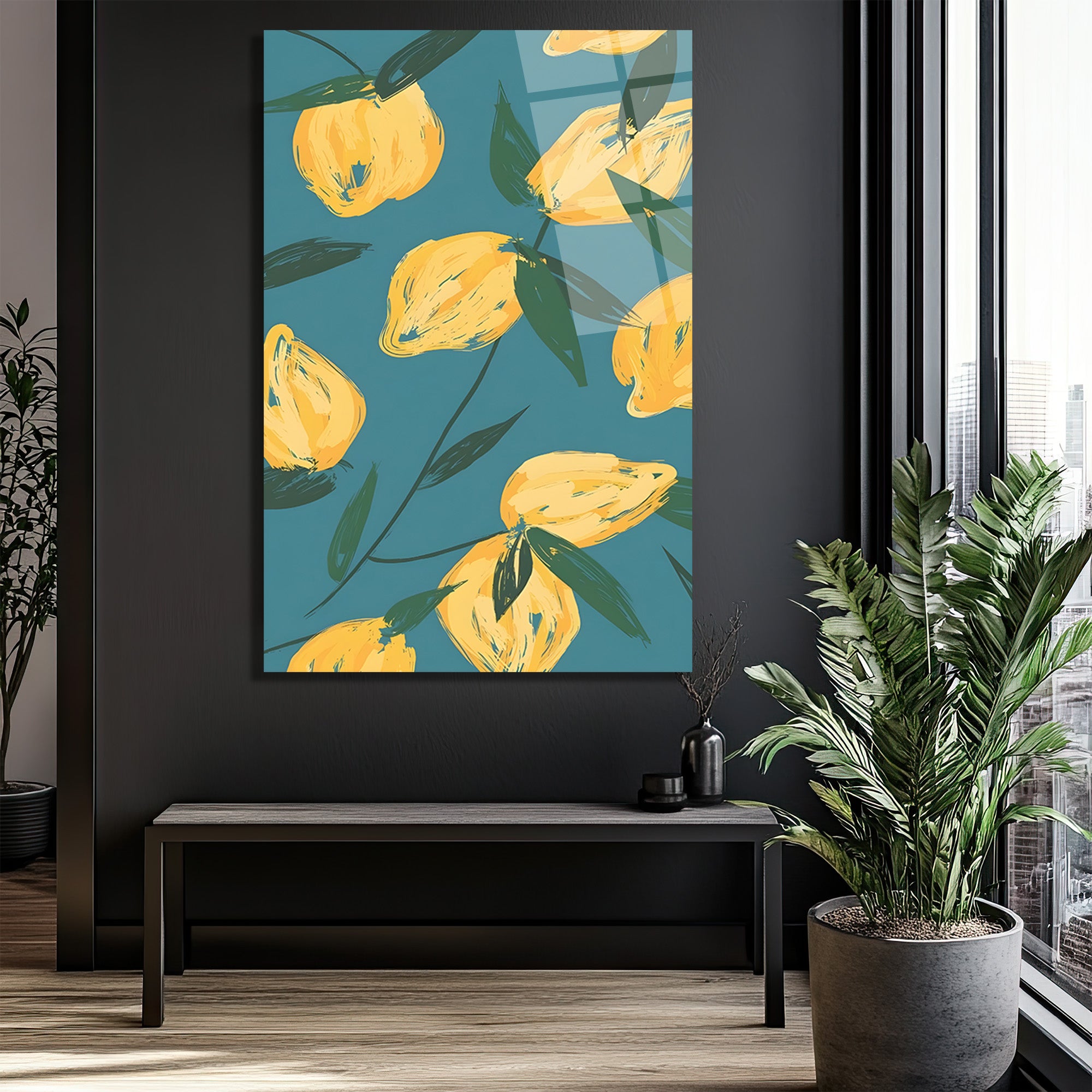 Canlı Limonlar Temalı Modern Sanat Cam Tablo