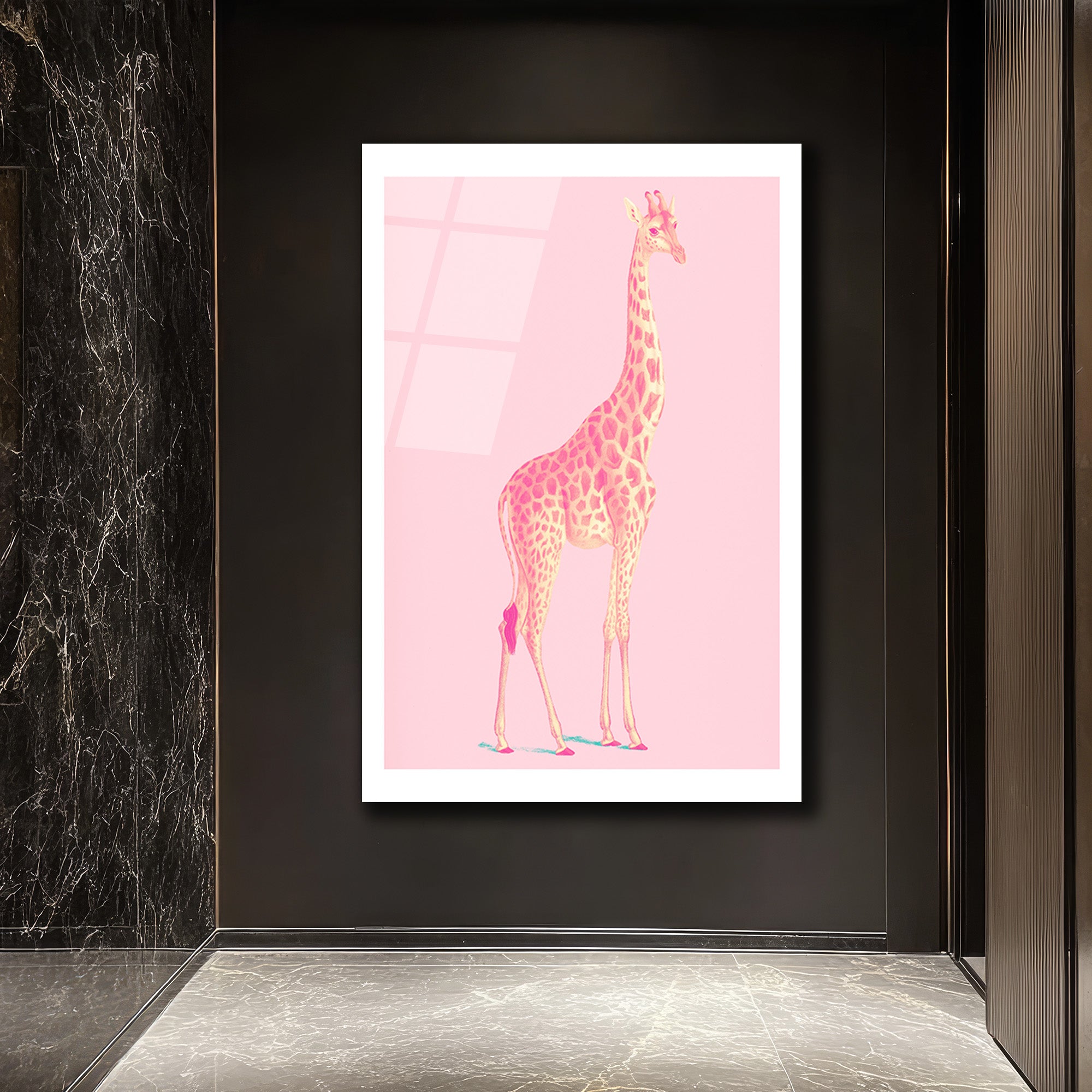Pembe Zürafa Modern Cam Tablo - Ev Dekorasyonunuz İçin Sanatsal Dokunuş