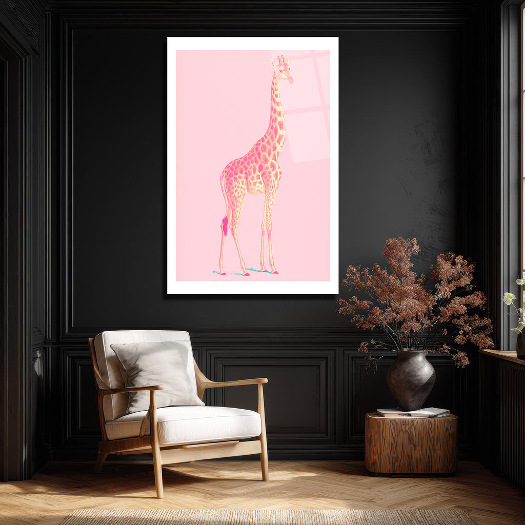 Pembe Zürafa Modern Cam Tablo - Ev Dekorasyonunuz İçin Sanatsal Dokunuş