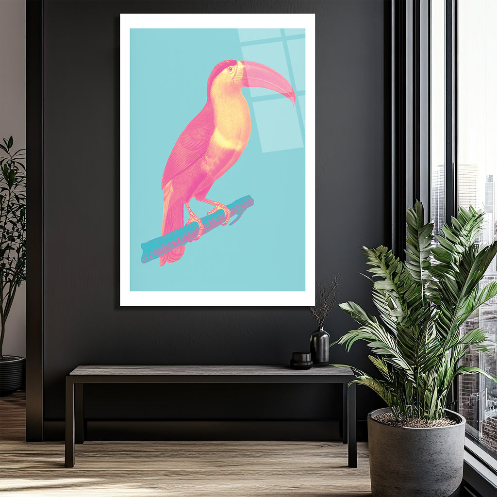 Pop Art Neon Pembe Toucan Cam Tablo - Tropikal Enerji