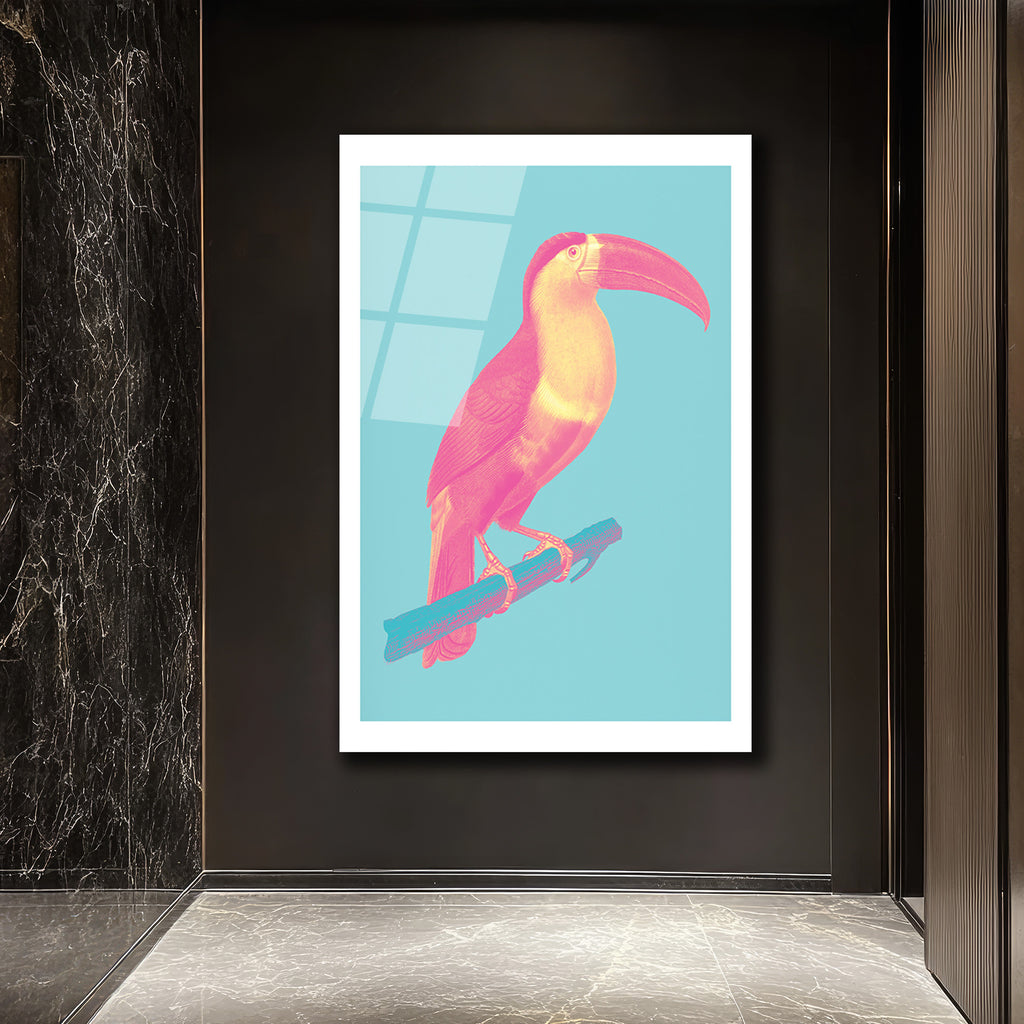 Pop Art Neon Pembe Toucan Cam Tablo - Tropikal Enerji
