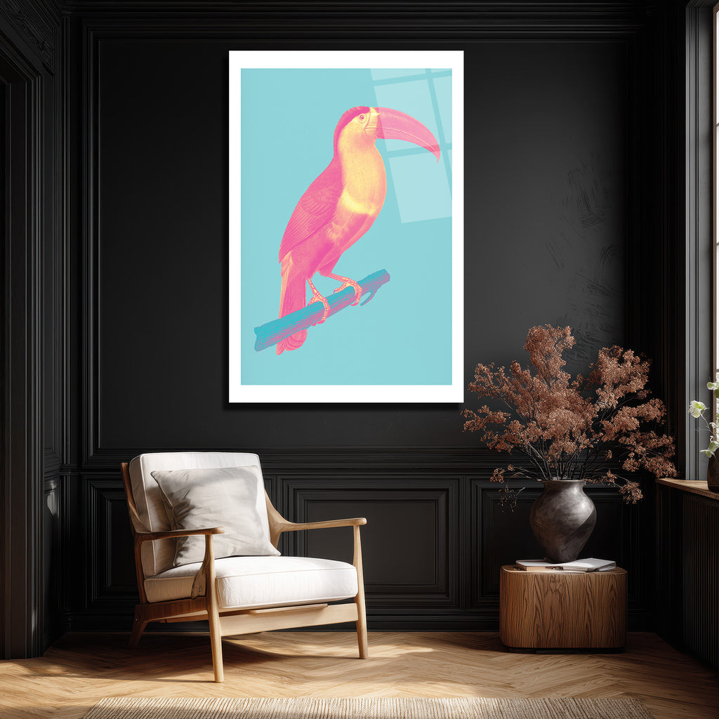 Pop Art Neon Pembe Toucan Cam Tablo - Tropikal Enerji