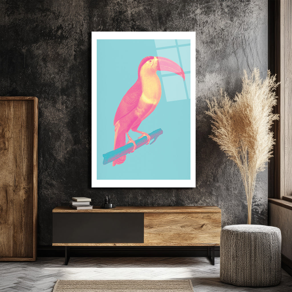 Pop Art Neon Pembe Toucan Cam Tablo - Tropikal Enerji