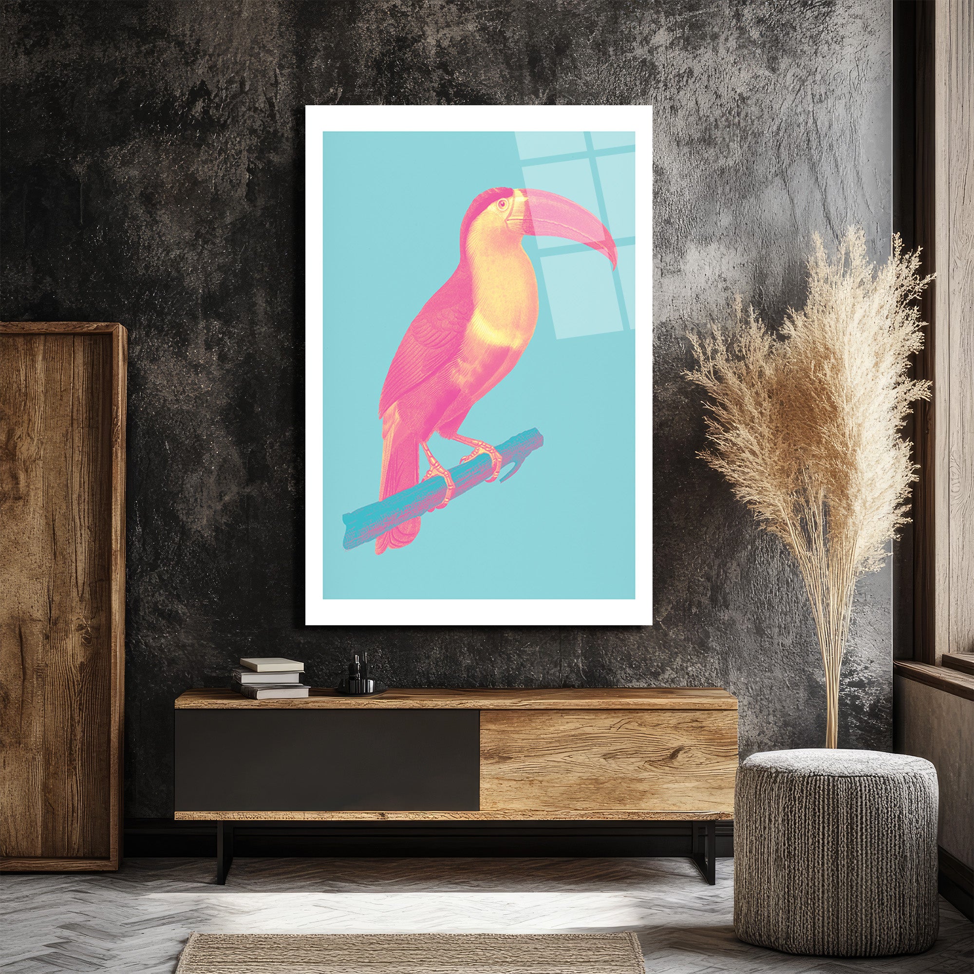 Pop Art Neon Pembe Toucan Cam Tablo - Tropikal Enerji