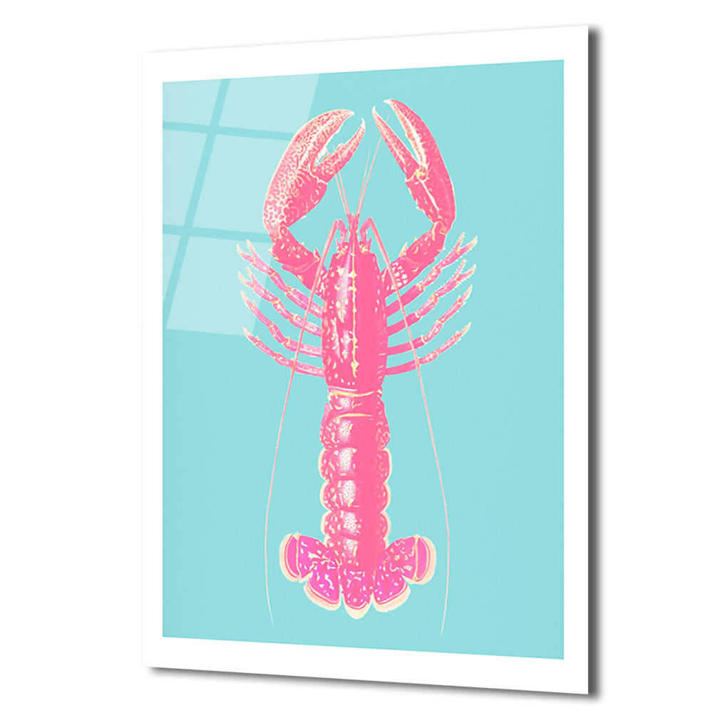 Pembe İstakoz Pop Art Cam Tablo - Deniz Temalı Modern Duvar Dekorasyonu