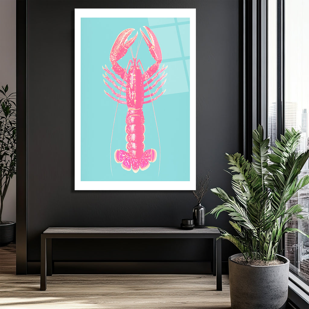 Pembe İstakoz Pop Art Cam Tablo - Deniz Temalı Modern Duvar Dekorasyonu