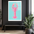 Pembe İstakoz Pop Art Cam Tablo - Deniz Temalı Modern Duvar Dekorasyonu