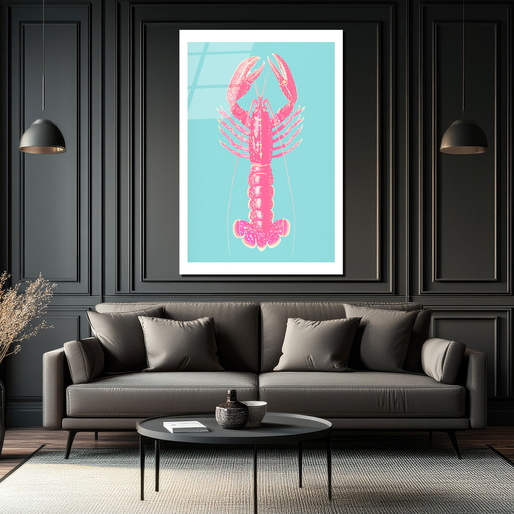 Pembe İstakoz Pop Art Cam Tablo - Deniz Temalı Modern Duvar Dekorasyonu