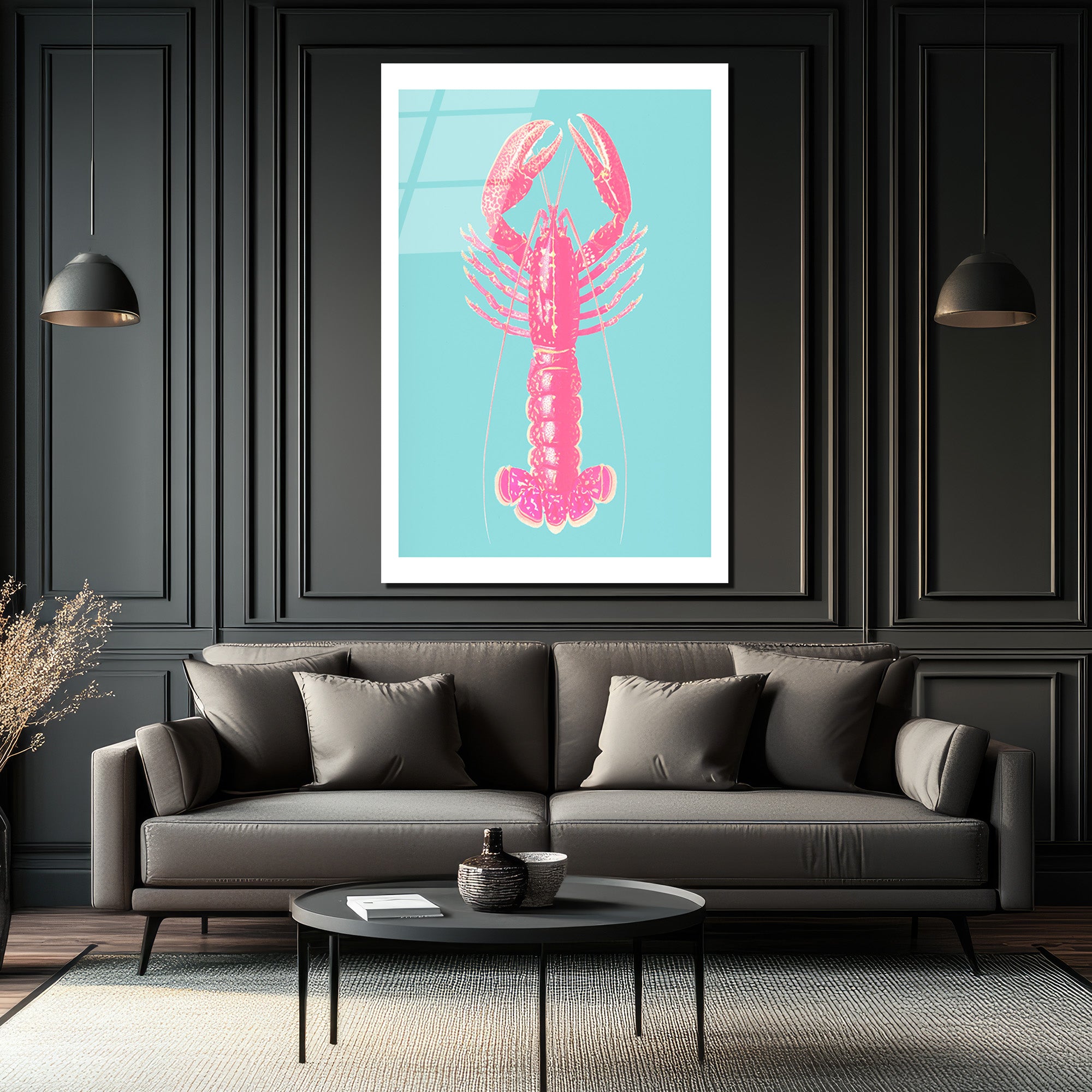 Pembe İstakoz Pop Art Cam Tablo - Deniz Temalı Modern Duvar Dekorasyonu