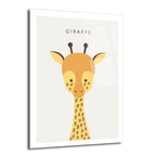 Açık bej zeminde siyah harflerle 'GIRAFFE' yazısı ve altında minimalist çizim stiliyle sarı ve kahverengi tonlarında sevimli bir zürafa başı ve boynunun göründüğü cam tablo.