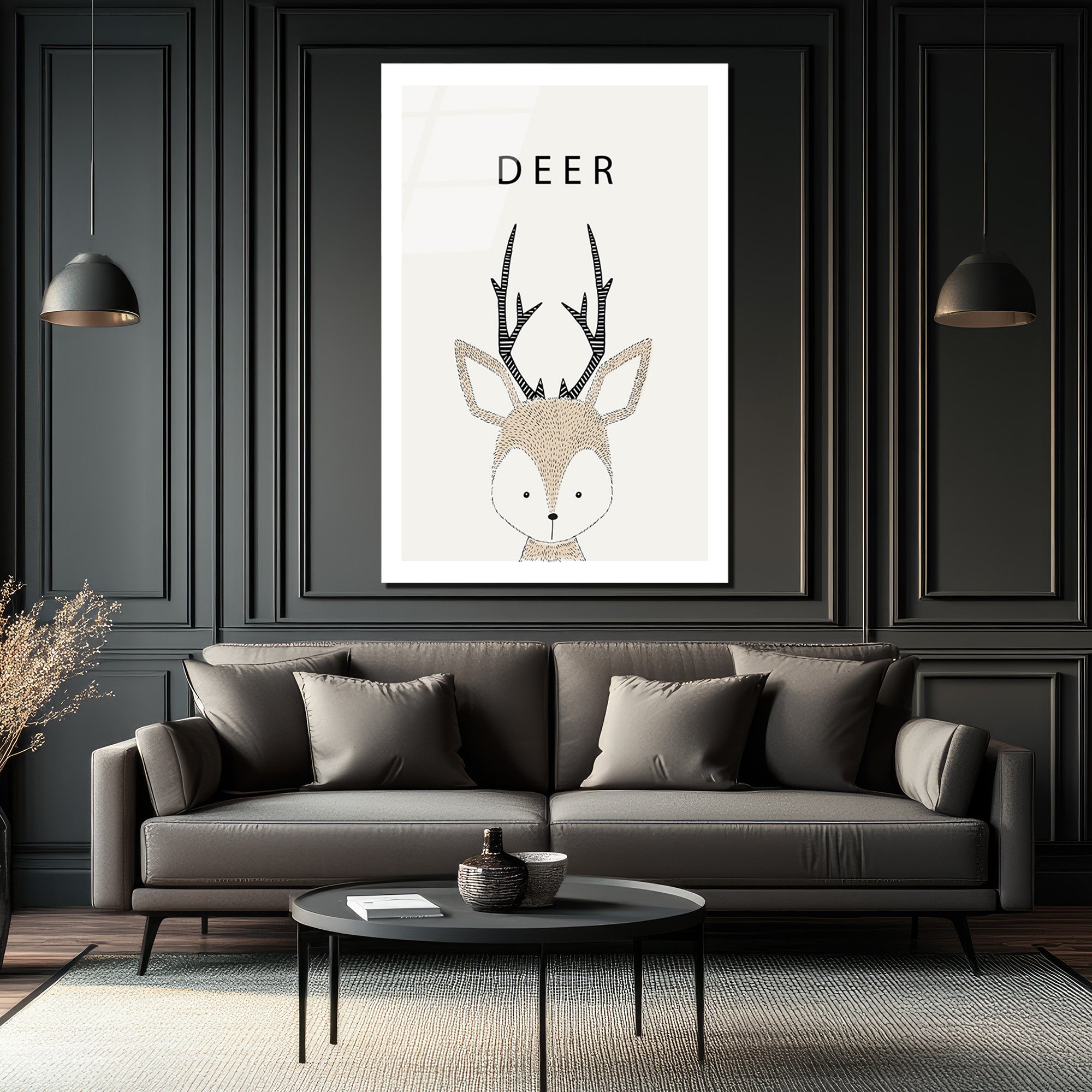 Minimalist Geyik Çizimi Dekoratif Cam Tablo