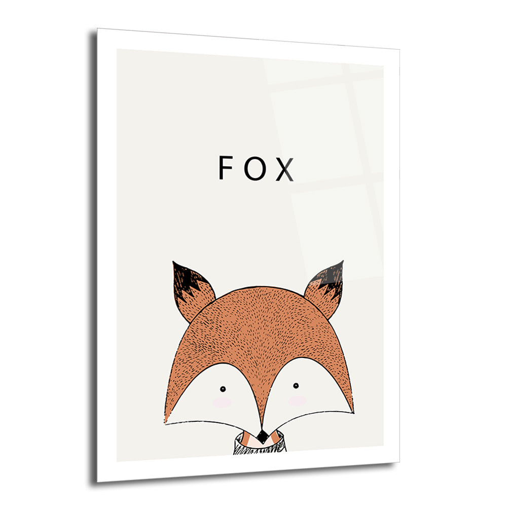Açık bej arka planda, büyük harflerle 'FOX' yazısının altında, kahverengi ve siyah detaylı, sevimli bir tilki başının minimalist çizimi olan dikey cam tablo.