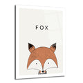 Açık bej arka planda, büyük harflerle 'FOX' yazısının altında, kahverengi ve siyah detaylı, sevimli bir tilki başının minimalist çizimi olan dikey cam tablo.