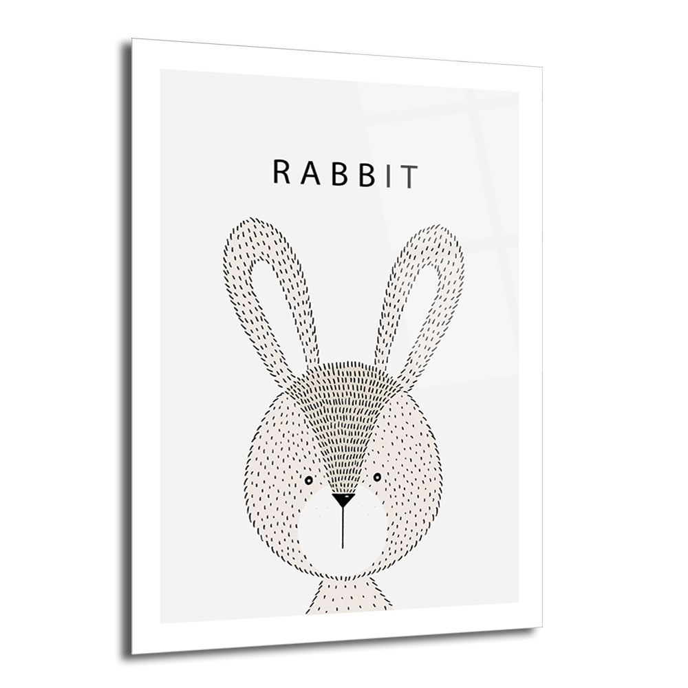 Beyaz arka plan üzerinde siyah ve bej tonlarında, noktalı çizim tekniğiyle yapılmış minimalist tavşan başı illüstrasyonu ve üstünde 'RABBIT' yazısı bulunan cam tablo.