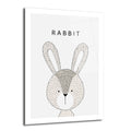 Beyaz arka plan üzerinde siyah ve bej tonlarında, noktalı çizim tekniğiyle yapılmış minimalist tavşan başı illüstrasyonu ve üstünde 'RABBIT' yazısı bulunan cam tablo.