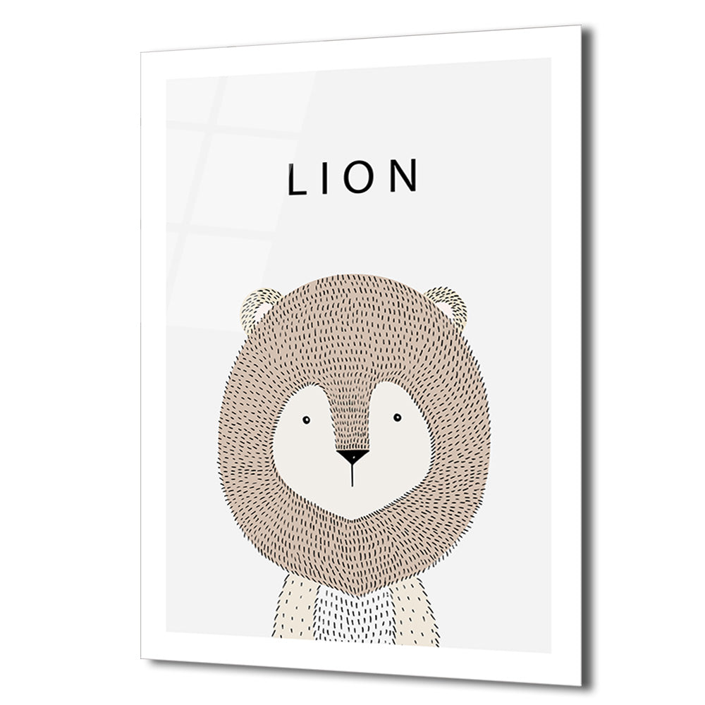 Minimalist Sevimli Aslan İllüstrasyon Cam Tablo