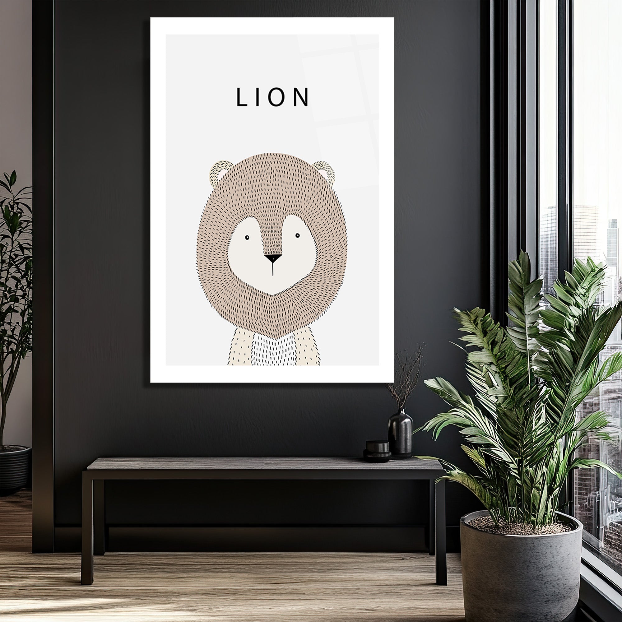 Minimalist Sevimli Aslan İllüstrasyon Cam Tablo