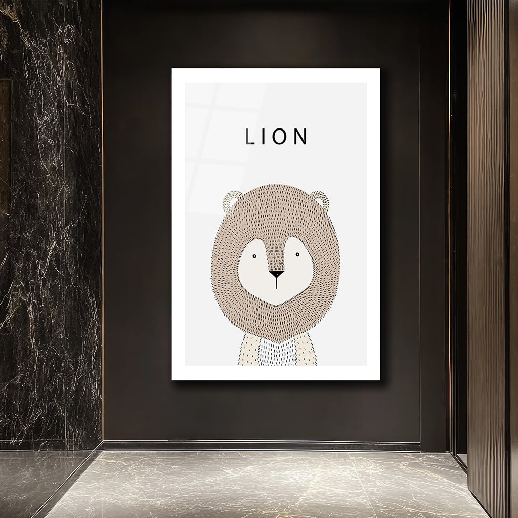 Minimalist Sevimli Aslan İllüstrasyon Cam Tablo