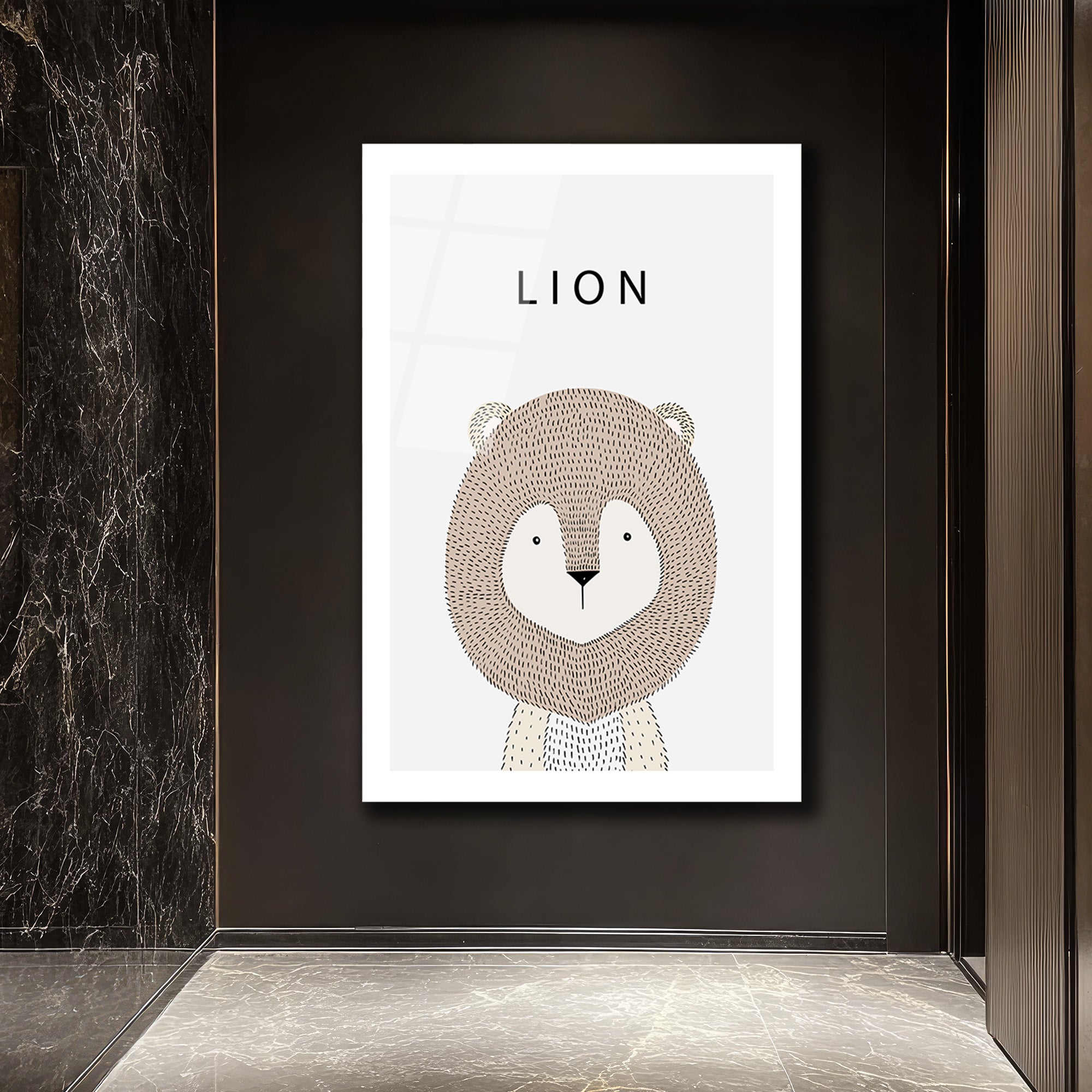 Minimalist Sevimli Aslan İllüstrasyon Cam Tablo