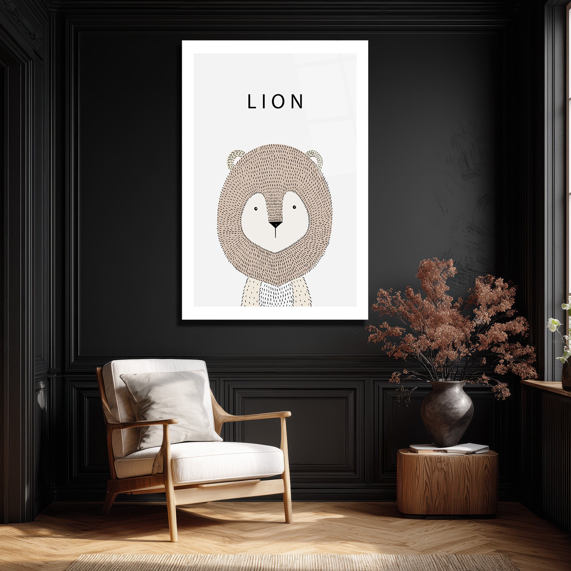 Minimalist Sevimli Aslan İllüstrasyon Cam Tablo