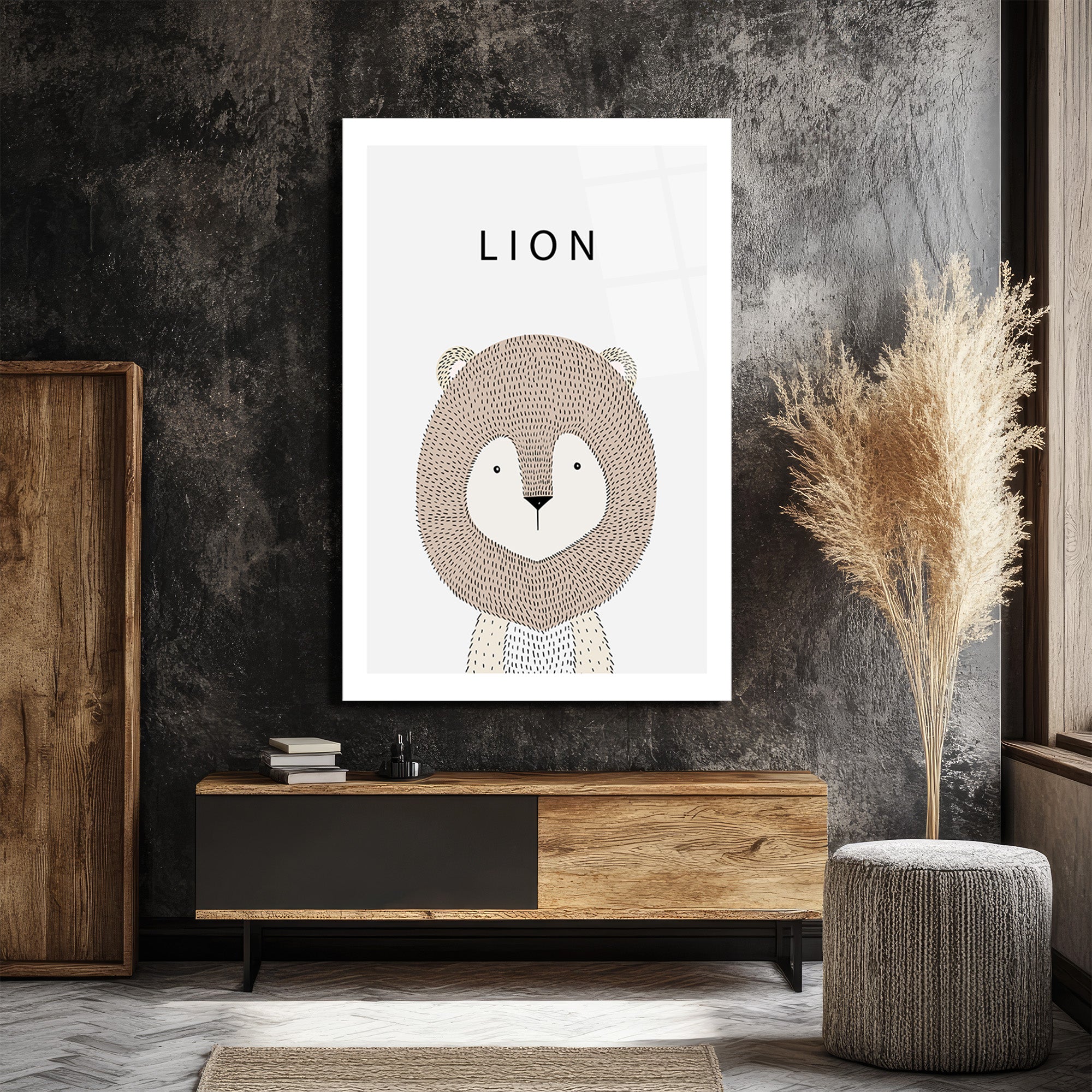 Minimalist Sevimli Aslan İllüstrasyon Cam Tablo