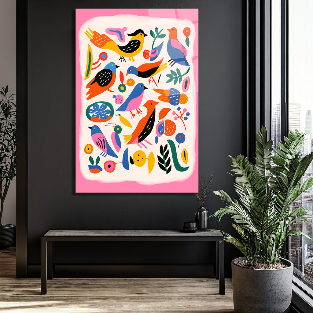 Neşeli Kuşlar ve Çiçekler Cam Tablo - Modern Sanat Duvar Dekoru