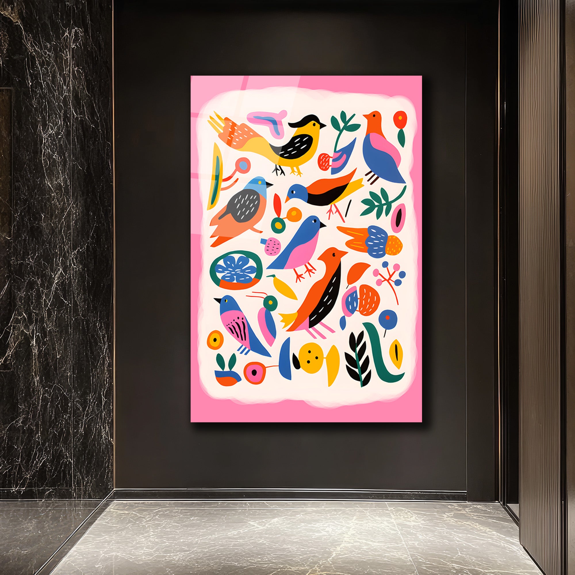 Neşeli Kuşlar ve Çiçekler Cam Tablo - Modern Sanat Duvar Dekoru