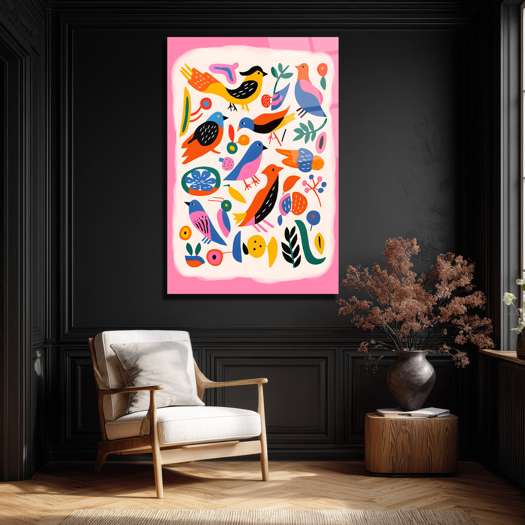 Neşeli Kuşlar ve Çiçekler Cam Tablo - Modern Sanat Duvar Dekoru