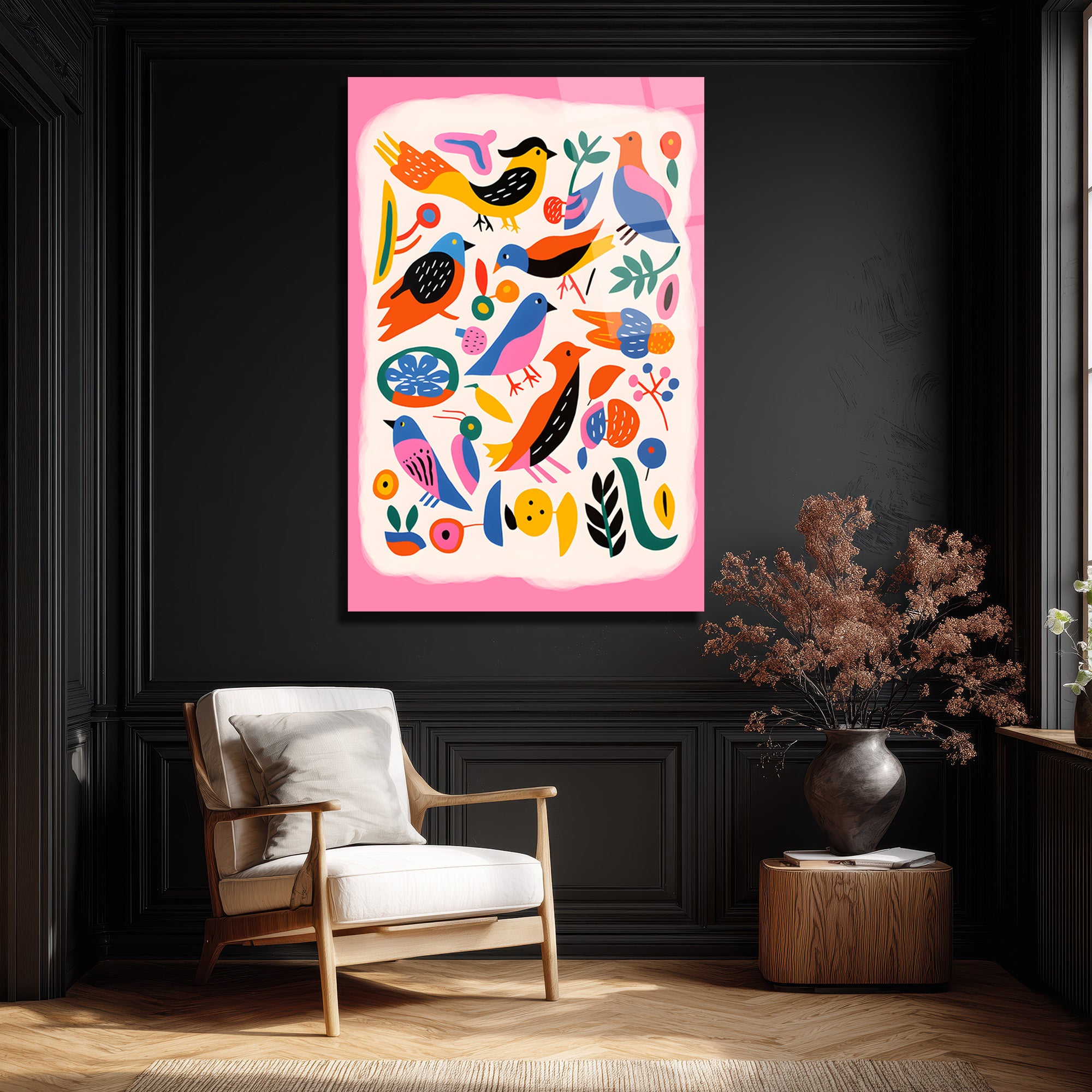 Neşeli Kuşlar ve Çiçekler Cam Tablo - Modern Sanat Duvar Dekoru