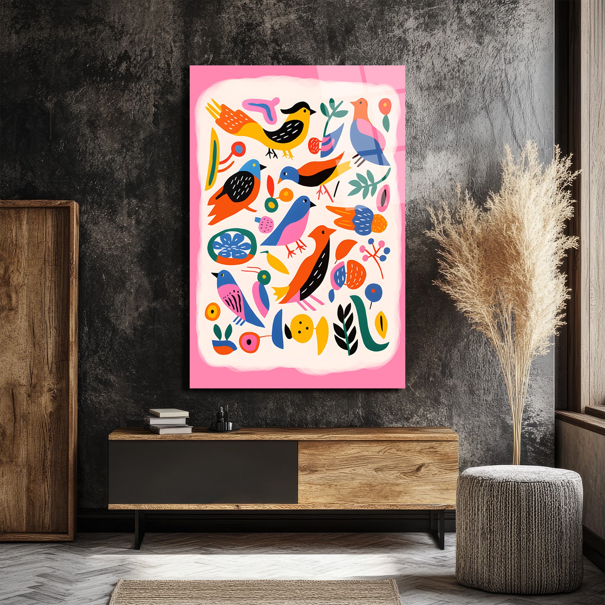 Neşeli Kuşlar ve Çiçekler Cam Tablo - Modern Sanat Duvar Dekoru
