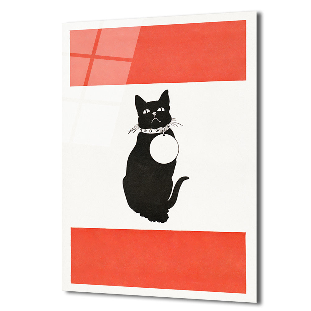 Minimalist Kırmızı Çizgili Siyah Kedi Cam Tablo