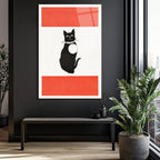 Minimalist Kırmızı Çizgili Siyah Kedi Cam Tablo