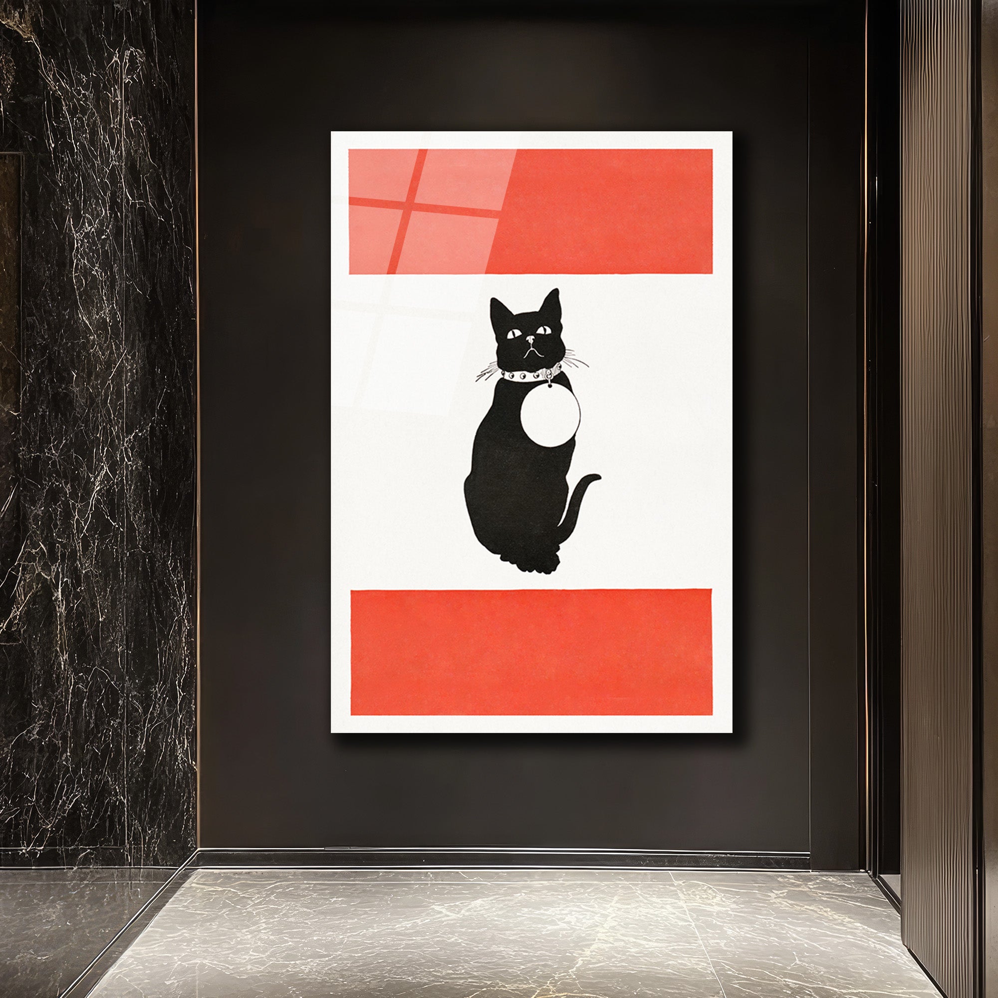 Minimalist Kırmızı Çizgili Siyah Kedi Cam Tablo
