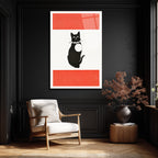 Minimalist Kırmızı Çizgili Siyah Kedi Cam Tablo