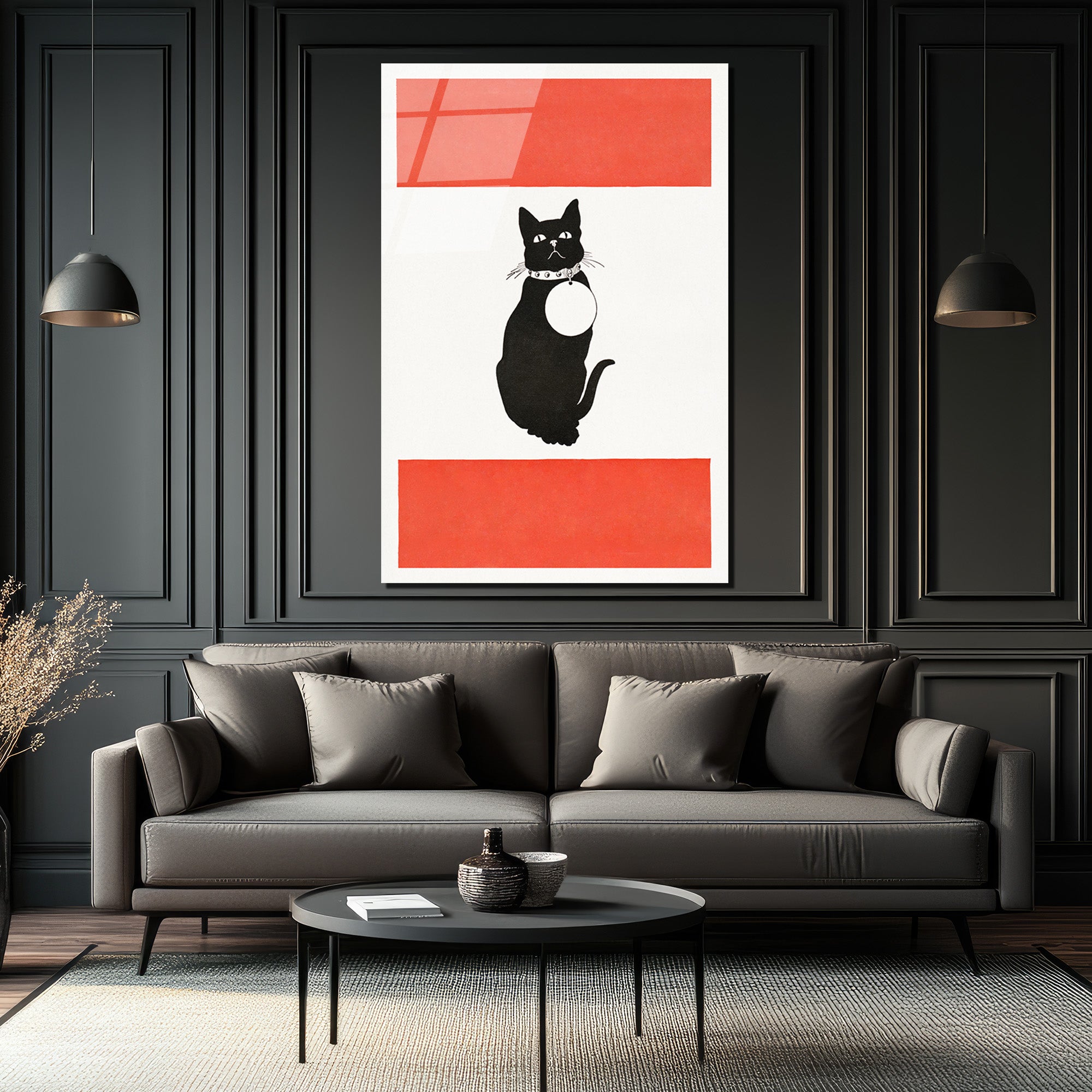 Minimalist Kırmızı Çizgili Siyah Kedi Cam Tablo