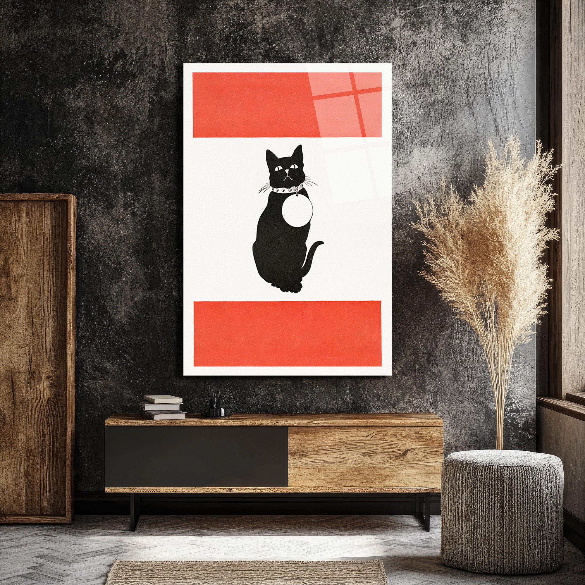 Minimalist Kırmızı Çizgili Siyah Kedi Cam Tablo